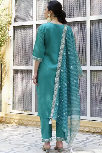 Dark-turquoise embroidered blend silk salwar suit