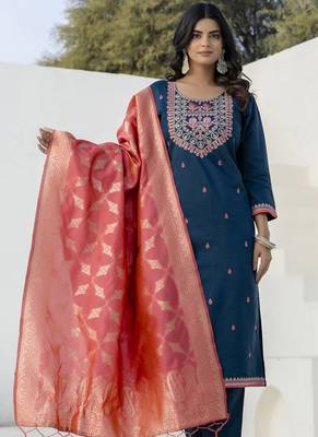 Dark-blue embroidered blend silk salwar suit 1