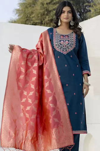 Dark-blue embroidered blend silk salwar suit