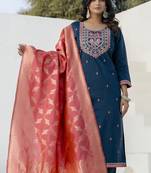 Dark-blue embroidered blend silk salwar suit