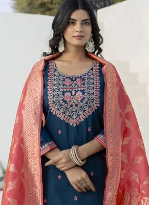 Dark-blue embroidered blend silk salwar suit 2