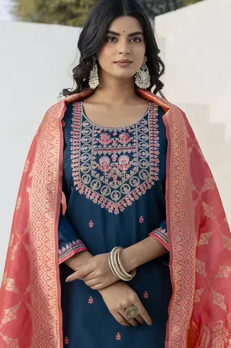 Dark-blue embroidered blend silk salwar suit