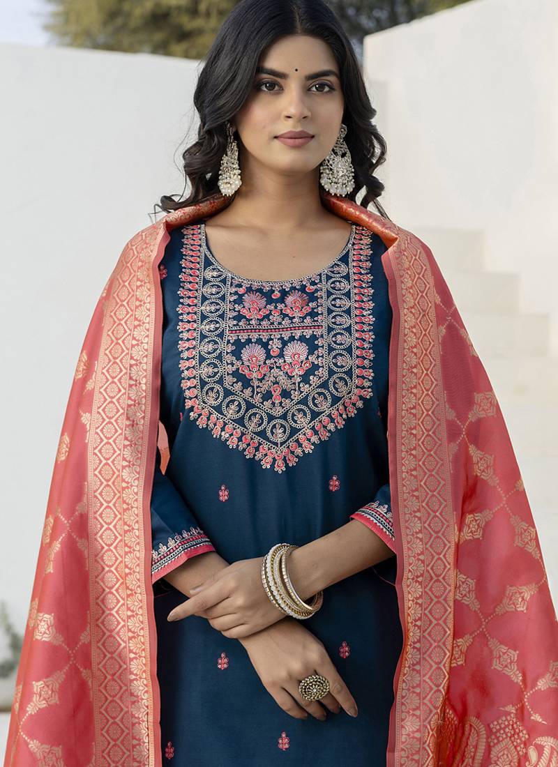 Dark-blue embroidered blend silk salwar suit