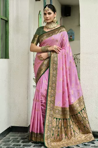 Pink floral print silk blend paithani saree with blouse