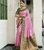 Pink floral print silk blend paithani saree with blouse
