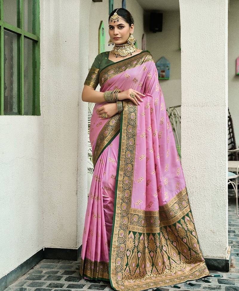 Pink floral print silk blend paithani saree with blouse