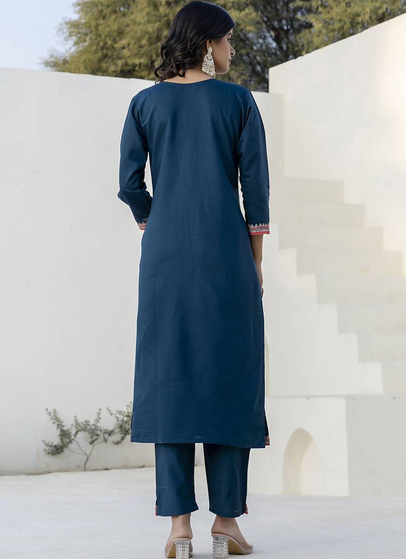 Dark-blue embroidered blend silk salwar suit