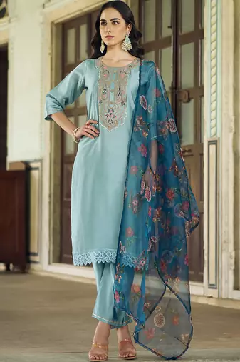 Light-grey embroidered viscose rayon salwar suit