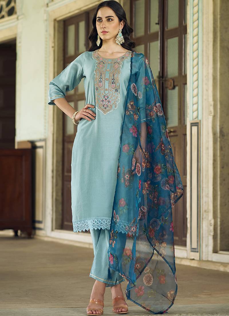 Light-grey embroidered viscose rayon salwar suit