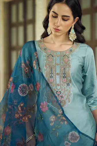 Light-grey embroidered viscose rayon salwar suit