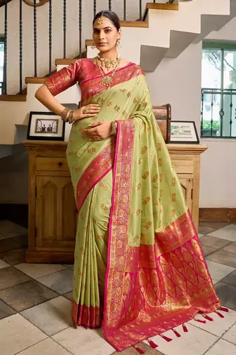 Pista green floral print silk blend paithani saree with blouse