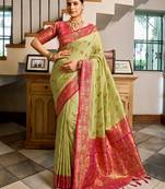 Pista green floral print silk blend paithani saree with blouse