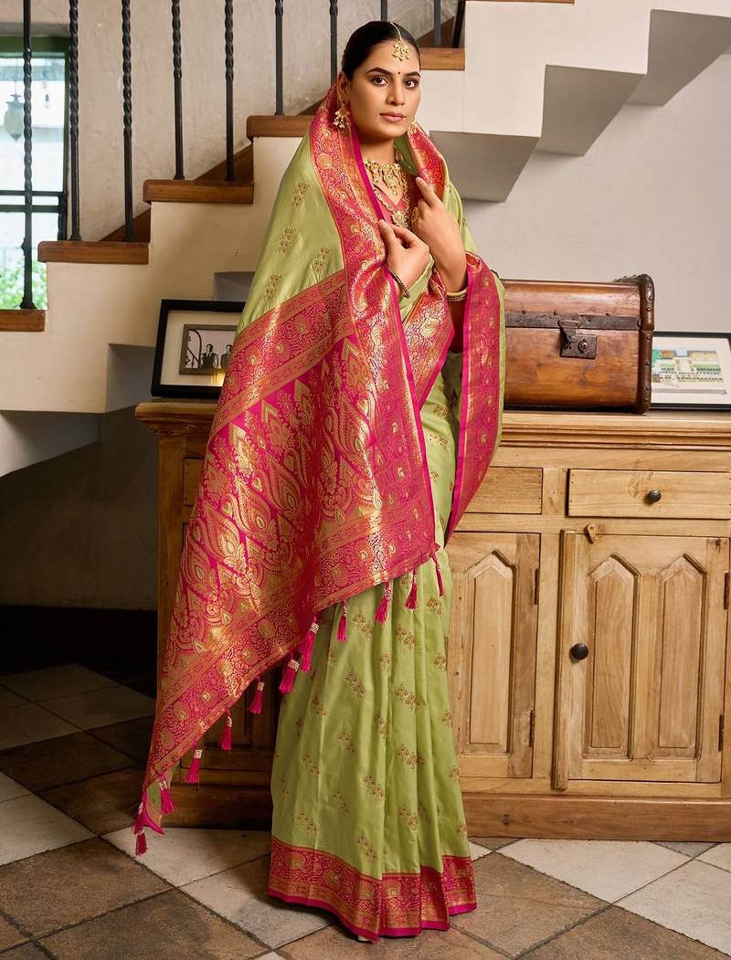 Pista green floral print silk blend paithani saree with blouse
