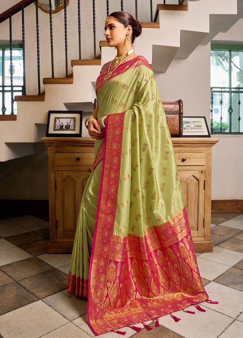 Pista green floral print silk blend paithani saree with blouse