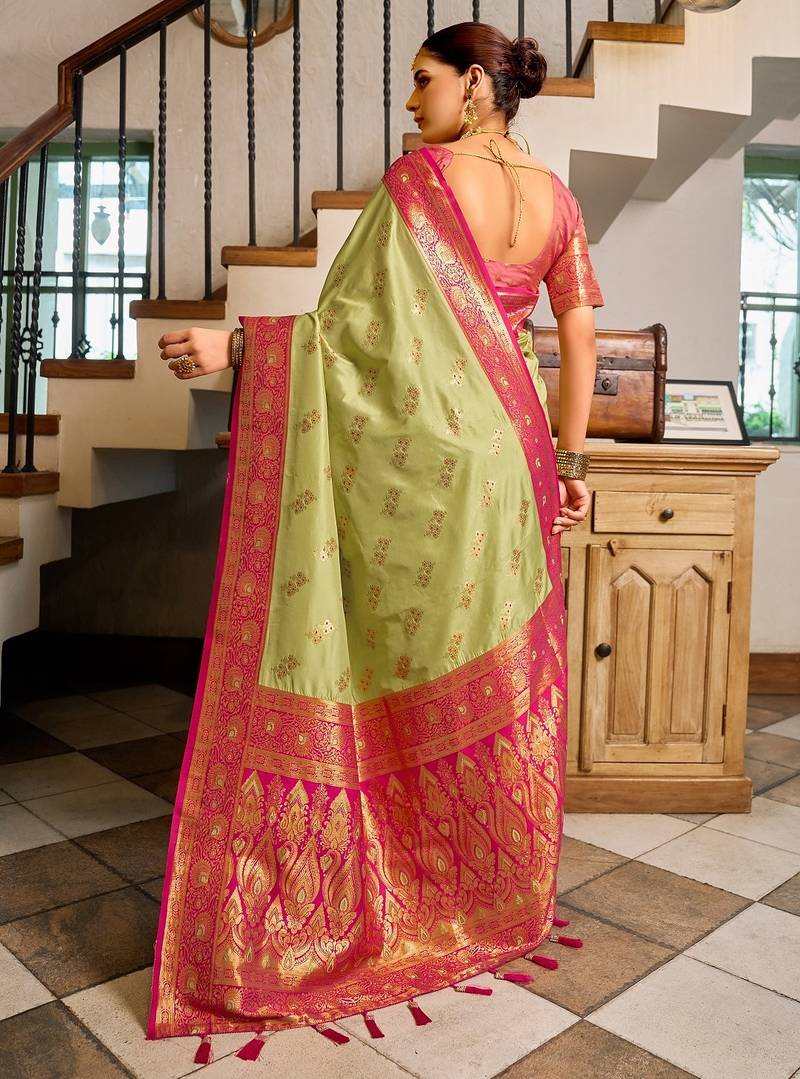 Pista green floral print silk blend paithani saree with blouse