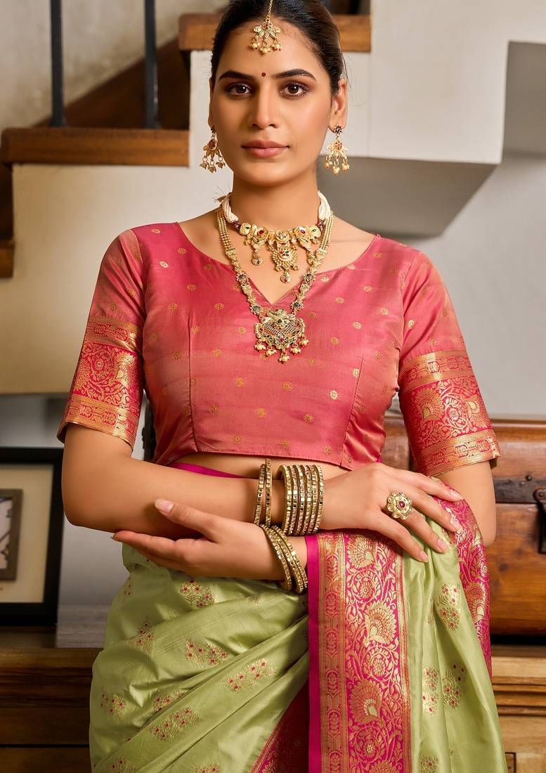 Pista green floral print silk blend paithani saree with blouse