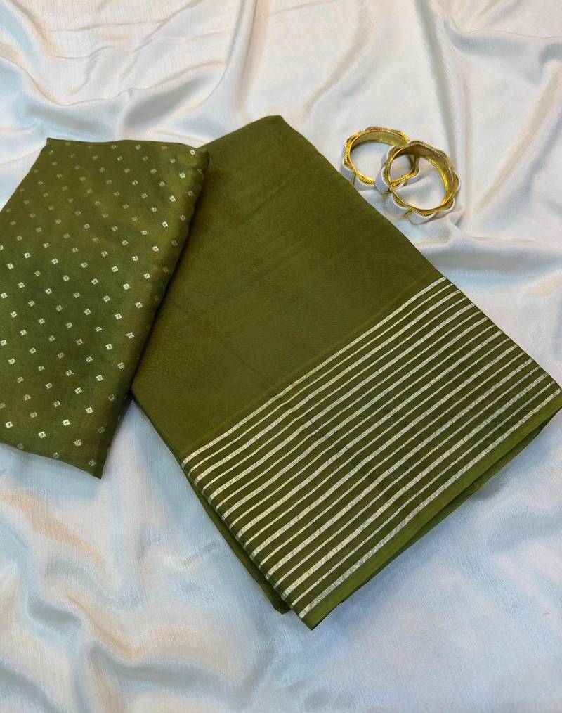 Mehndi Green Color  zari border with rich pallu Work  silk saree