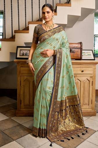 Sea green floral print silk blend paithani saree with blouse
