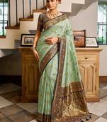 Sea green floral print silk blend paithani saree with blouse
