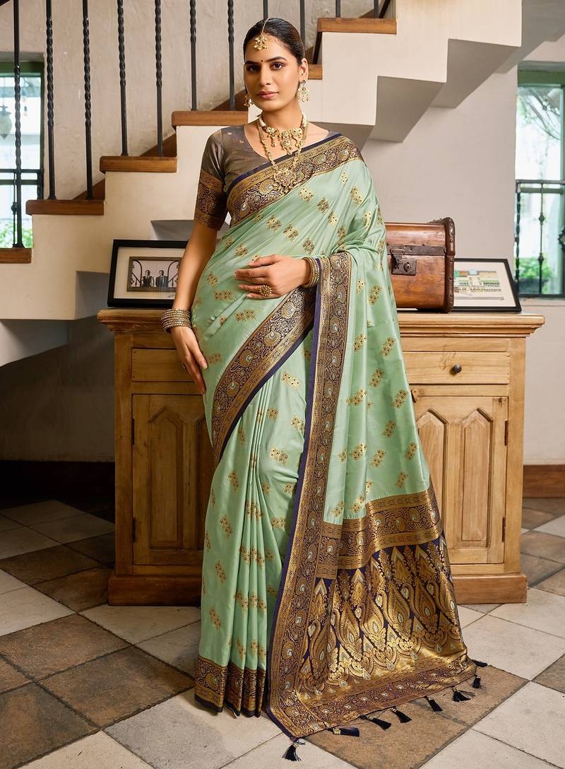 Sea green floral print silk blend paithani saree with blouse