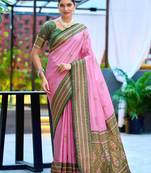 Baby pink woven silk blend paithani saree with blouse