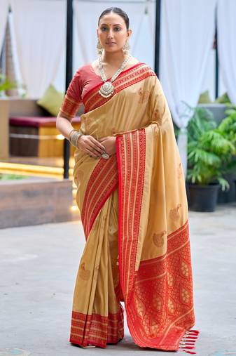 Beige woven silk blend paithani saree with blouse