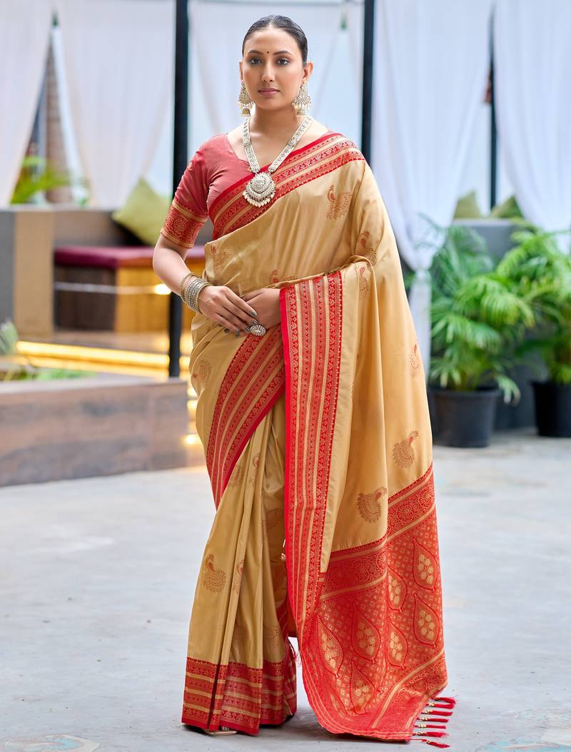 Beige woven silk blend paithani saree with blouse