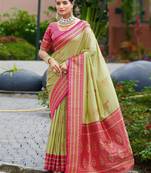Green woven silk blend paithani saree with blouse