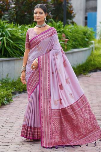 Lavender woven silk blend paithani saree with blouse