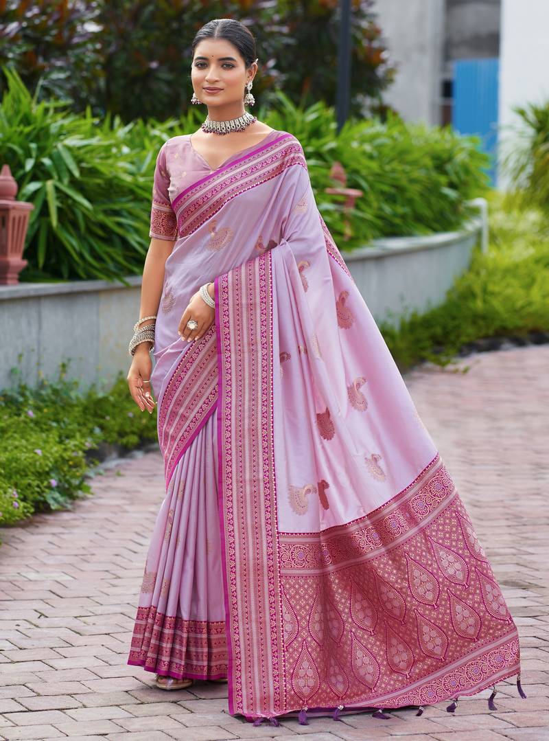 Lavender woven silk blend paithani saree with blouse