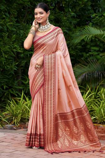 Peach woven silk blend paithani saree with blouse