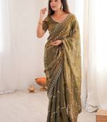 Mehndi Green Color Embroidered Beads Work Satin Saree