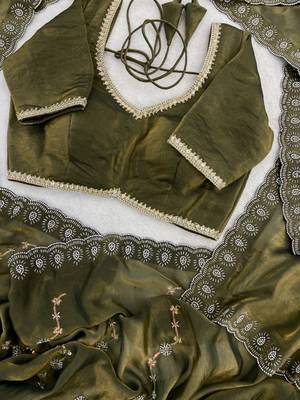 Mehndi Green Color Embroidered Beads Work Satin Saree 3