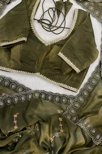 Mehndi Green Color Embroidered Beads Work Satin Saree