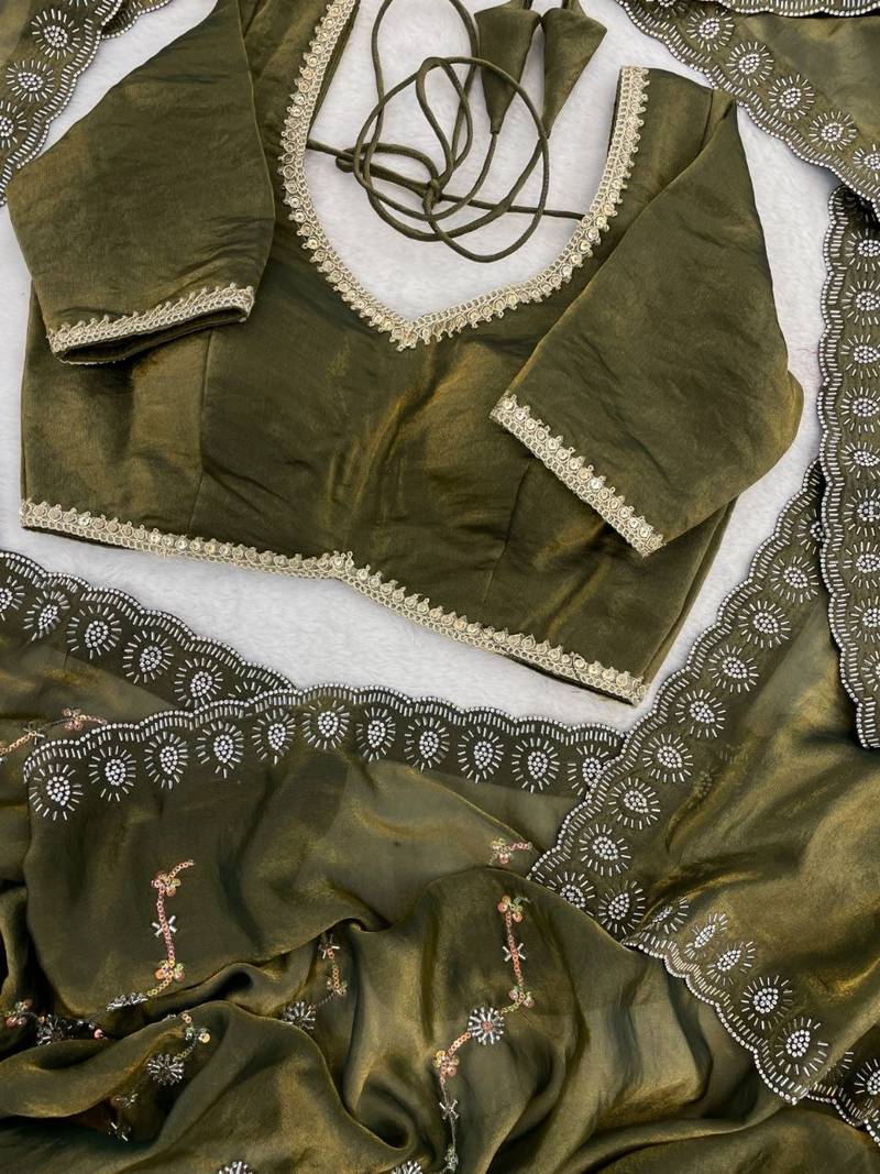 Mehndi Green Color Embroidered Beads Work Satin Saree