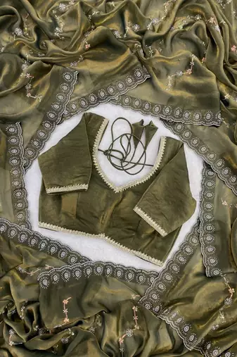 Mehndi Green Color Embroidered Beads Work Satin Saree