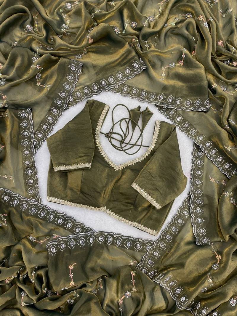 Mehndi Green Color Embroidered Beads Work Satin Saree