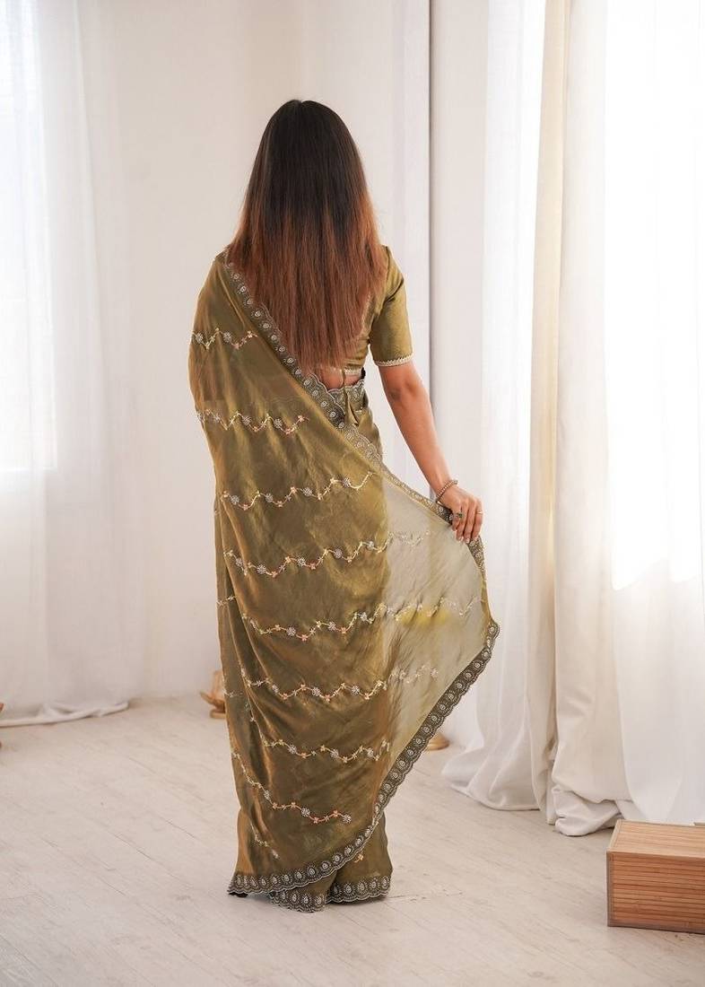 Mehndi Green Color Embroidered Beads Work Satin Saree