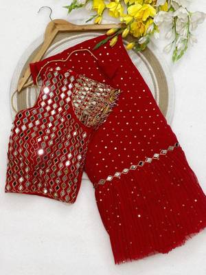 Red color sequins embroidery work saree  faux georgette saree 1