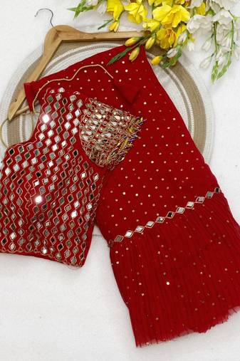 Red color sequins embroidery work saree  faux georgette saree