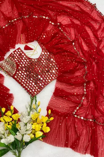 Red color sequins embroidery work saree  faux georgette saree