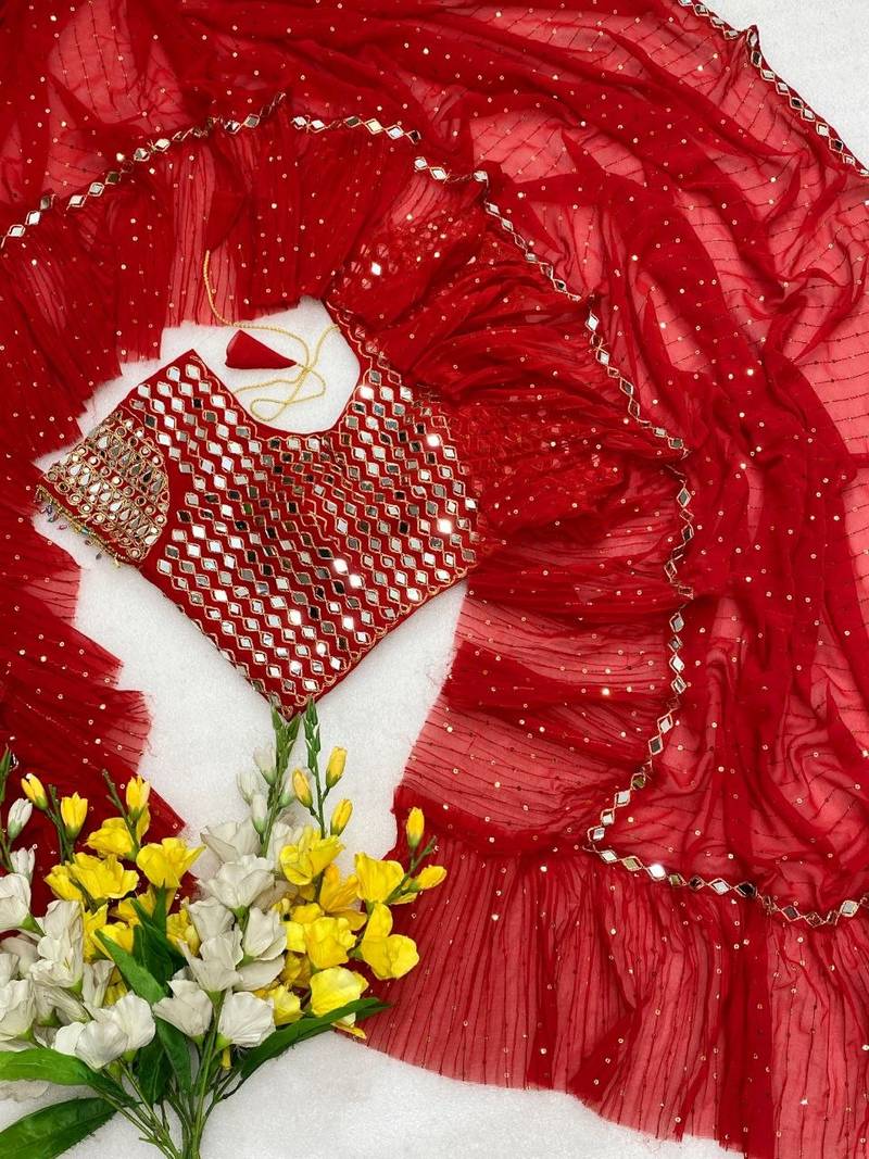 Red color sequins embroidery work saree  faux georgette saree