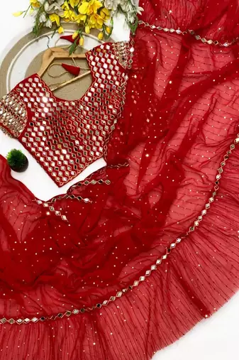 Red color sequins embroidery work saree  faux georgette saree
