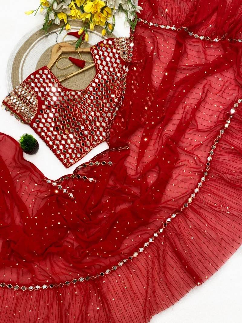 Red color sequins embroidery work saree  faux georgette saree