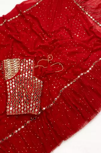 Red color sequins embroidery work saree  faux georgette saree