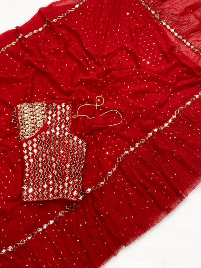 Red color sequins embroidery work saree  faux georgette saree