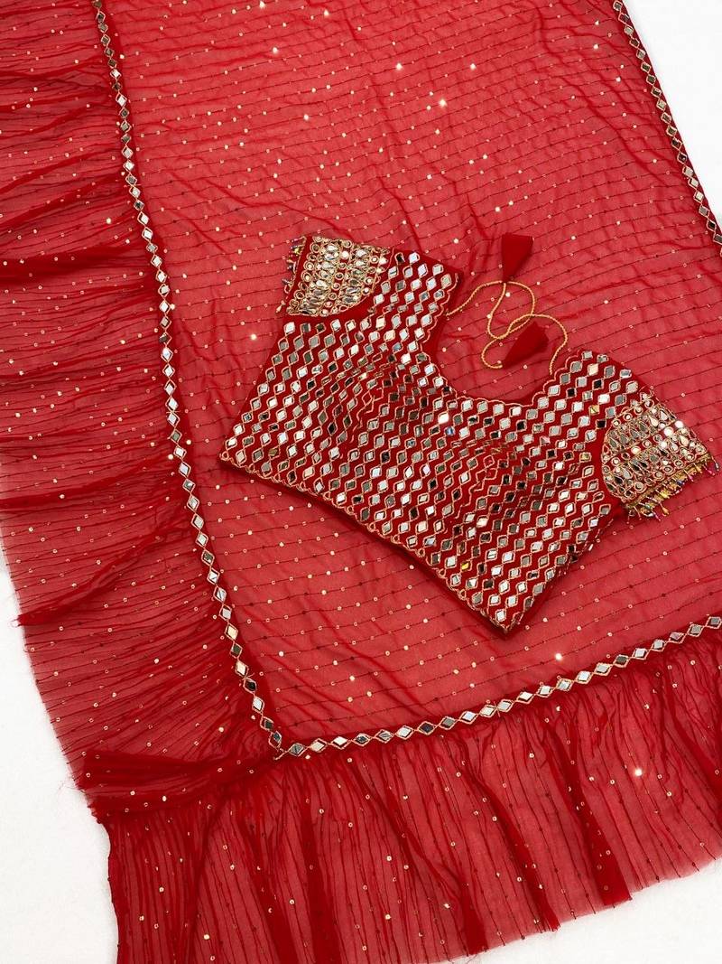 Red color sequins embroidery work saree  faux georgette saree