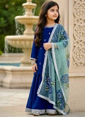 Designer viscose velvet embroidered work kids kurta plazzo set 1