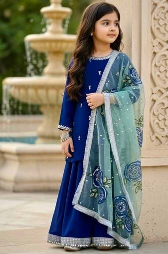 Designer viscose velvet embroidered work kids kurta plazzo set