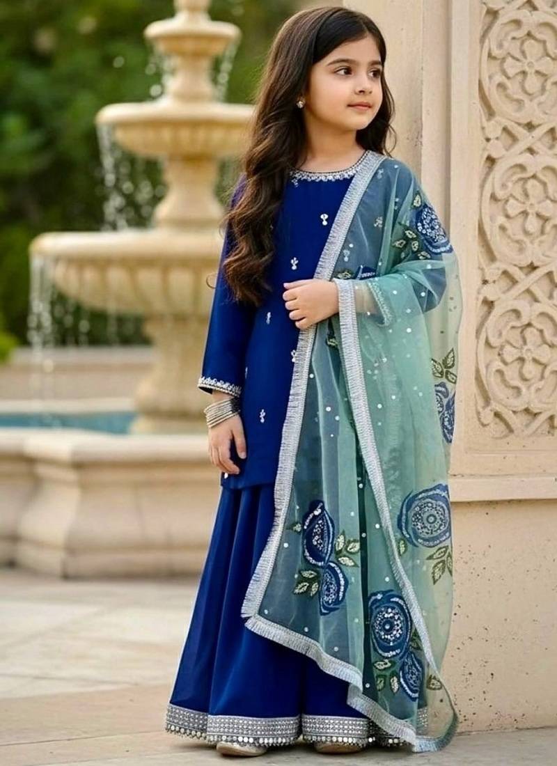 Designer viscose velvet embroidered work kids kurta plazzo set